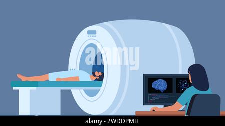 Médecin regardant les résultats de l'examen du cerveau du patient sur les écrans du moniteur devant la machine d'IRM avec le patient couché. Illustration vectorielle plate Illustration de Vecteur