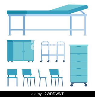 Eléments de mobilier hospitalier. Eléments intérieurs du cabinet de médecins. Canapé médical, chaise, table de chevet, chariot. Illustration vectorielle Illustration de Vecteur