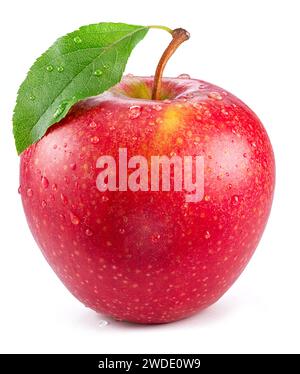 Pomme rouge mûre parfaite recouverte de petites gouttes d'eau sur fond blanc. Banque D'Images