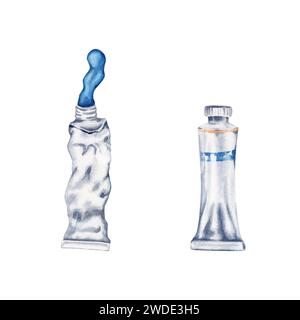 Ancien et nouveau tube de peinture avec de la peinture bleue renversée. Jeu de deux tubes de peinture. Illustration aquarelle isolée sur fond blanc. Design art clip art Banque D'Images