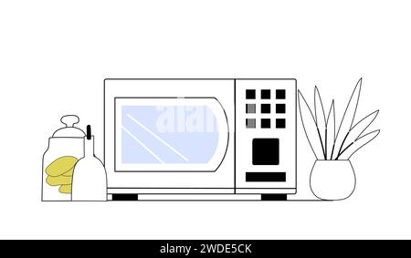 Fermer la composition intérieure de la cuisine du four à micro-ondes, des pots et un pot de fleurs debout sur la table. Dessin de contour avec un minimum de pièces colorées. Vect Illustration de Vecteur