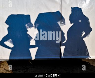 Burg, Allemagne. 20 janvier 2024. Seules les ombres des filles en costumes sorabe-wendish peuvent être vues sur un mur de la marquise avant le défilé du Carnaval de la jeunesse Spreewald. Environ 40 couples ont participé au 131e Carnaval de la jeunesse. Le carnaval de Wendish (Zapust) marque la fin de l'hiver dans le Spreewald et la Basse-Lusace. C'est la coutume la plus connue et est célébrée dans la plupart des villages. En plus du Zampern, la procession du carnaval en fait également partie. Crédit : Patrick Pleul/dpa/Alamy Live News Banque D'Images