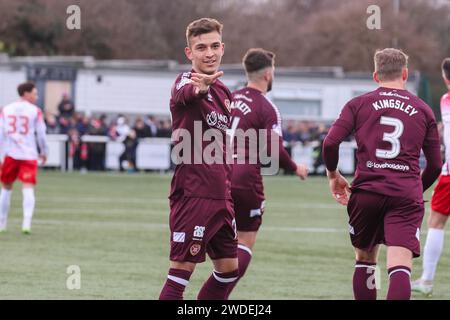 Edimbourg, Royaume-Uni. 20 janvier 2024. Ainslie Park. Edimbourg. Spartans v Hearts. 20 janvier 2024 lors du match de Scottish Gas Scottish Cup entre Spartans et Hearts, Kenneth Vargas de Heart célèbre après avoir ouvert le score en première mi-temps. (Crédit photo : Alamy Live News/David Mollison) crédit : David Mollison/Alamy Live News Banque D'Images