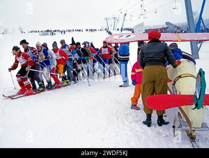 17 Mann auf einem Paar ski BEI der Abfahrt zum Skifasching im Kurort Oberwiesenthal am Fichtelberg im Erzgebirge ski-Fasching *** 17 hommes sur une paire de skis en descente vers le carnaval de ski dans la ville thermale d'Oberwiesenthal sur le Fichtelberg dans les montagnes du minerai Carnaval de ski Banque D'Images