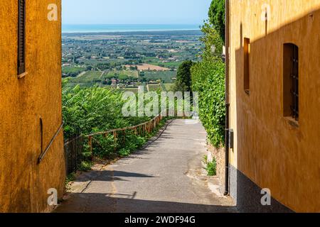 Vue panoramique dans le village de Castagneto Carducci, dans la province de Livourne, Toscane, Italie. Banque D'Images