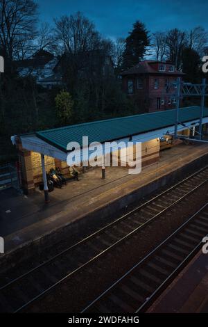 Les passagers attendent leur train au quai de la gare de Llandaff au pays de Galles par une sombre soirée d'hiver. Concept Hopper, solitaire, calme, désert Banque D'Images