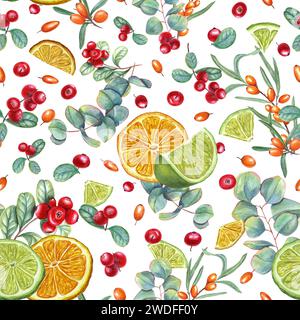 Motif sans couture lumineux avec des baies et des fruits. Citron vert, tranches d'orange, argousier, airelle, branche d'eucalyptus. Illustration à l'aquarelle Banque D'Images