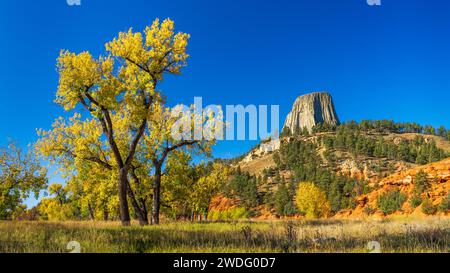 Devils Tower National Monument avec couleur feuillage d'automne, près de Sundance, Wyoming, États-Unis. Banque D'Images