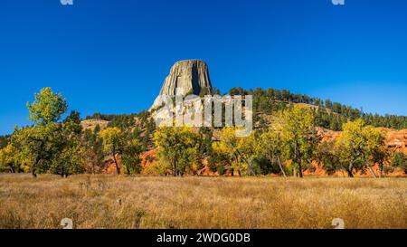 Devils Tower National Monument avec couleur feuillage d'automne, près de Sundance, Wyoming, États-Unis. Banque D'Images