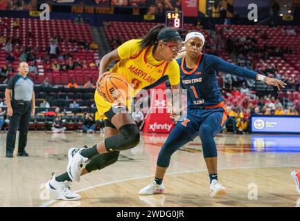 College Park, États-Unis. 20 janvier 2024. COLLEGE PARK, MD : - JANVIER 20 : la garde des Terrapins du Maryland Shyanne Sellers (0) dribble devant la garde des Illini de l'Illinois Genesis Bryant (1) lors d'un match féminin de basket-ball universitaire entre les Terrapins du Maryland et les Illinois Fighting Illini au Xfinity Center, à College Park, Maryland le 20 janvier 2024. (Photo de Tony Quinn/SipaUSA) crédit : SIPA USA/Alamy Live News Banque D'Images