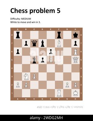 Puzzle de problème d'échecs avec solution. Illustration de problème d'échecs de difficulté moyenne. Illustration de Vecteur