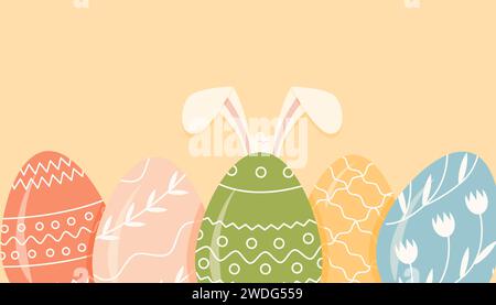 Modèle de bannière festive avec des œufs décorés sur fond jaune et des oreilles de lapin. Symboles de couleur Pâques avec divers ornement. Vecteur plat illu Illustration de Vecteur