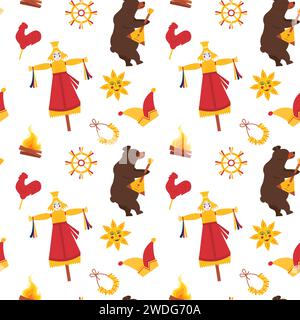 Modèle sans couture pour Maslenitsa Pancake Festival. Un ours jouant sur la balalaika. Épouvantail avec tête de paille, soleil ethnique folklorique, bublik, coq doux, sapin Illustration de Vecteur