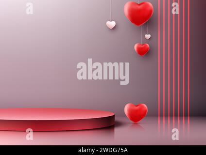 Les produits de la Saint-Valentin brillent avec cette maquette de podium 3D photoréaliste. Avec un podium rouge orné de coeurs et de néons. Illustration vectorielle Illustration de Vecteur