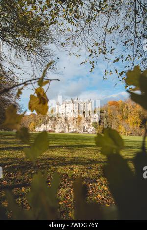 Château médiéval de Walzin sur les rives de la rivière Lesse dans la région wallonne du sud de la Belgique. Le château néo-gothique se dresse sur un rocher escarpé dans le Banque D'Images