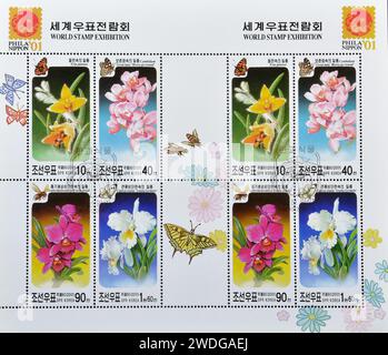 Timbres de potage annulés imprimés par la Corée du Nord, qui montrent des orchidées, exposition internationale de timbres PHILANIPPON '01, Tokyo : orchidées, circa 2001. Banque D'Images