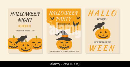 Ensemble d'affiches pour Halloween fête avec des citrouilles effrayantes et assis rowen, chauves-souris volantes. Pancarte ou invitation de tous les saints jour avec corbeau et orange ho Illustration de Vecteur