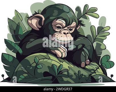 Singe assis sur le rocher dans la jungle. Illustration vectorielle. Illustration de Vecteur