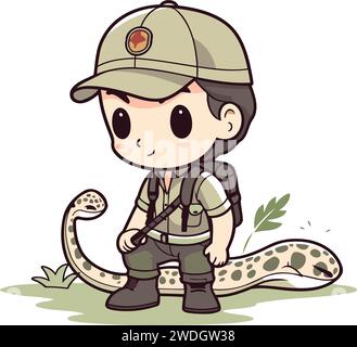 Mignon garçon en tenue de safari avec serpent. Illustration vectorielle. Illustration de Vecteur