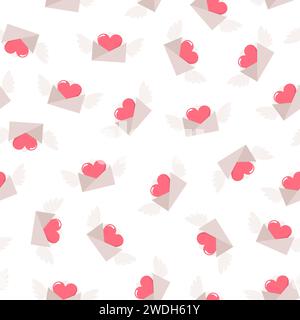 Enveloppes ailées avec des coeurs à l'intérieur sur un fond blanc, motif sans couture. Illustration vectorielle plate Illustration de Vecteur