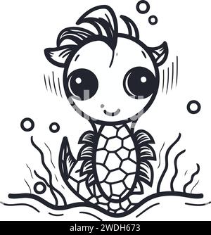 Mignonne petite tortue nageant dans la mer. Illustration vectorielle en noir et blanc. Illustration de Vecteur