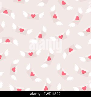 Enveloppes ailées volantes avec des coeurs sur un fond beige, motif sans couture. Illustration vectorielle plate Illustration de Vecteur