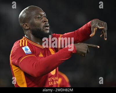 Rome, Italie. 20 janvier 2024. Romelu Lukaku de Roma célèbre son but lors d'un match de football en Serie A entre Roma et Hellas Verona à Rome, Italie, le 20 janvier 2024. Crédit : Augusto Casasoli/Xinhua/Alamy Live News Banque D'Images