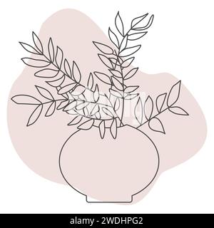 Ligne art brindille avec des feuilles dans un vase. Solid dessin de contour de botaniste en pot de fleurs. Contour noir et spot de couleur. Design moderne illustration vectorielle Illustration de Vecteur