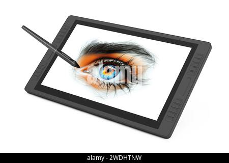 Grande taille du moniteur de tablette de dessin graphique numérique avec stylo et dessin abstrait d'un oeil féminin coloré vibrant sur un fond blanc. Rendu 3D. Banque D'Images