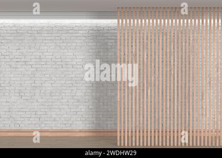 Cloison à lattes en bois de chambre vide devant le fond de mur de briques blanches. Rendu 3D. Banque D'Images