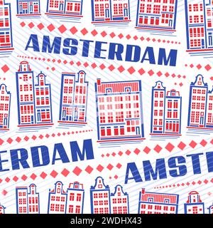 Vector Amsterdam Seamless Pattern, répétition carrée de fond avec illustration du célèbre paysage européen de la ville d'amsterdam sur fond blanc, décoratif Illustration de Vecteur