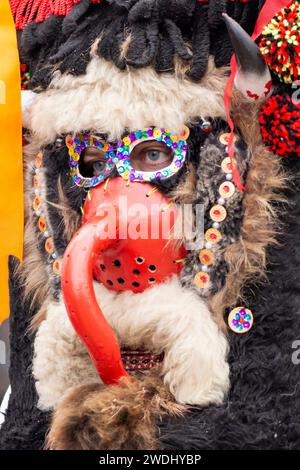 Portrait de danseur kukeri avec masque coloré brodé distinctif au festival Surva Kukeri Bulgarie. Kukeri masqué, Kukeri masqué, Kukeri danseur masqué, Festival international de mascarade Surva, participant masqué, Surva Pernik, festival de mascarade Pernik, festival de mascarade, masque, masques, Mummers Festival, Pernik, région de Sofia, Bulgarie, Europe de l'est, Balkans, UE, masque coloré, masque coloré, masques colorés, masques colorés, masque complexe, masque de tissu, masque textile, masque brodé, masque distinctif, masque fait main, masque rituel, yeux à travers l'ouverture du masque, masque compliqué, masques compliqués Banque D'Images