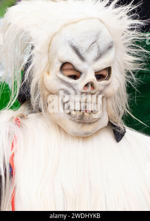 Petit garçon en costume effrayant gros portrait de détail au Surva International Mascarade and Mummers Festival à Pernik, Bulgarie, Europe de l'est, Balkans, UE. costume effrayant, costumes effrayant, masque effrayant, masques effrayant, garçon masqué, enfant masqué, petit garçon masqué, petit enfant masqué, festival international de mascarade de Surva, festival de Surva Pernik, festival de mascarade, festival, festival de Pernik Kukeri, Mummers Festival, Pernik, Bulgarie, Europe de l'est, Balkans, UE, masque de crâne humain, masques de crâne humain, masque effrayant, masques effrayant, masque rituel, masques rituels Banque D'Images