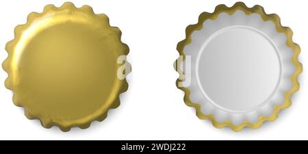 icône vectorielle réaliste. Bouchons de bouteille à couronne dorée vue de dessus et de dessous. Isolé sur fond blanc. Illustration de Vecteur