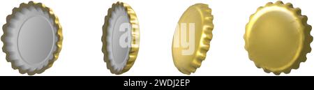 icône vectorielle réaliste. Capsules de bière dorées dans une vue latérale différente. isolé. Illustration de Vecteur
