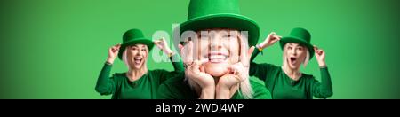 St Patrick's Day. Trois joyeuses filles portant des chapeaux leprechaun assortis célèbrent St. Patrick's Day en pulls verts. Ambiance festive sur un b vert vif Banque D'Images