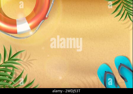 illustration vectorielle réaliste. Fond d'été. Plage sable vue de dessus avec bouée de sauvetage et sandales avec palmiers. Illustration de Vecteur