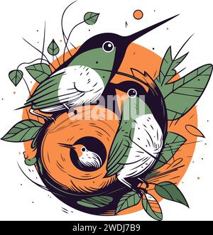 Illustration vectorielle dessinée à la main d'un colibri mignon assis sur un cercle orange avec des feuilles. Illustration de Vecteur