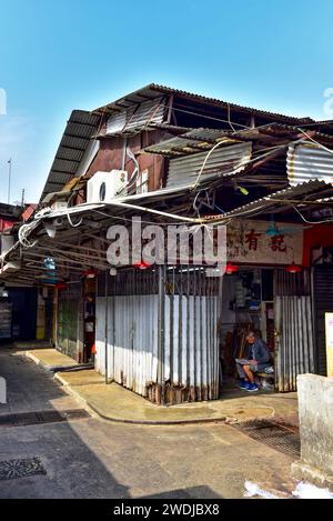 Homme lisant des journaux de courses de chevaux dans un magasin de fruits logé dans une cabane au marché aux fruits Yau Ma Tei (depuis 1913), Kowloon, Hong Kong. Banque D'Images