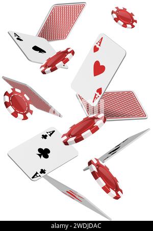 illustration d'icône vectorielle réaliste. Les cartes de poker tombant ont des as avec des jetons rouges. Isolé sur fond blanc. Illustration de Vecteur