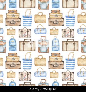 Motif sans couture aquarelle de voyage avec des valises et des sacs illustration, les éléments de bagage de tourisme répètent le papier Banque D'Images