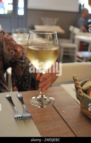 Rome / Italie   19.juillet 2019/verre de vin blanc Carrettiere castelli romani blanco 2018 photo..Francis Dean / Deanpictures. Banque D'Images