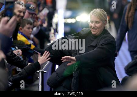 L'entraîneur de Chelsea Emma Hayes arrive avant le match de Barclays Women's Super League à Stamford Bridge, Londres. Date de la photo : dimanche 21 janvier 2024. Banque D'Images