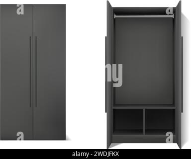 jeu d'icônes vectorielles réalistes. Armoire habillée sombre avec deux portes ouvertes et fermées. Isolé sur fond blanc. Illustration de Vecteur