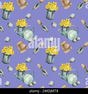 Outils de jardin aquarelle et motif sans couture de fleurs jaunes printanières. Narcisse dans seau en métal vintage arrosoir avec composition de pierres et pelles Banque D'Images