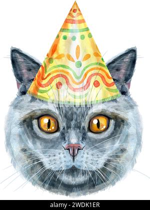 Chat mignon dans le chapeau de fête jaune. Motif chat pour t-shirt. Aquarelle British Shorthair illustration Banque D'Images