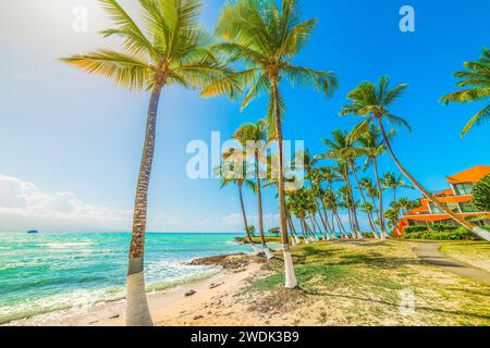 Soleil qui brille sur la plage du Bas du fort en Guadeloupe, antilles françaises. Petites Antilles, mer des Caraïbes Banque D'Images