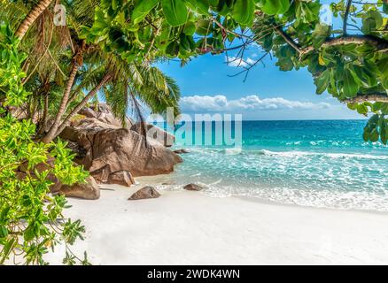 Célèbre Anse Lazio par une journée ensoleillée. Île de Praslin, Seychelles Banque D'Images