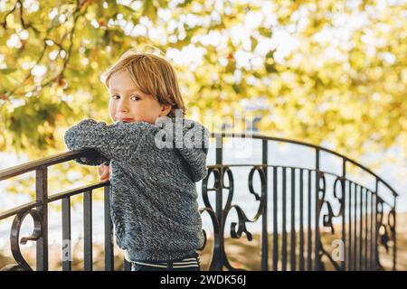 Portrait d'automne d'un mignon petit garçon blond, portant une veste bleue chaude, jouant sur le pont Banque D'Images