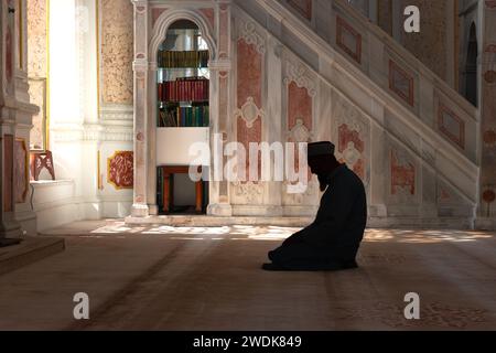 Photo de fond islamique. Silhouette d'un musulman en prière dans une mosquée. Concept Ramadan ou laylat al-qadr ou kadir gecesi. Istanbul Turkiye - 9.23.2 Banque D'Images